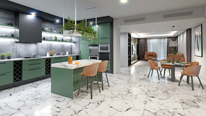 Modern kitchen with green cabinets,