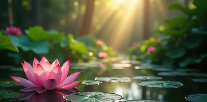 Pink lotus flower blooming on a calm pond with lily pads, illuminated by golden sunbeams filtering through a forest background