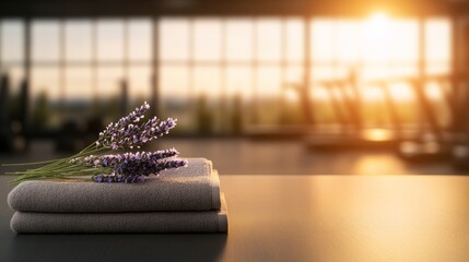Tranquil reception area of a wellness center showcases a folded towel and lavender, with blurred gym equipment and warm sunlight filling the space