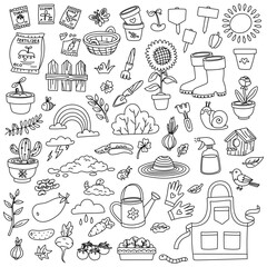 doodle set for planting plants dedicated to nature, growth and sustainable development. Monochrome flat illustration. For use in gardening blogs, environmental projects, and articles on agriculture