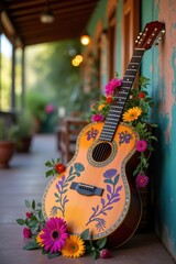 Decorated acoustic guitar with bright flowers, near textured wall. Cinco de Mayo, Mexican, fiesta themes
