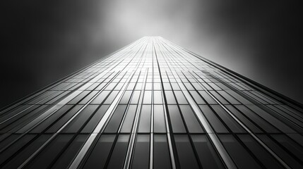 The modern skyscraper looks very tall toward the bright sky above