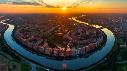 Sunset Aerial View River Embrace Cityscape.