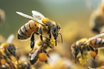A close up image showing a flying honeybee