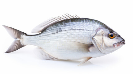 Obraz premium A single, white seabream lies horizontally on a plain white background. Scales shimmer with a silvery hue, highlighting the fish's form and distinct features like the eye and fins
