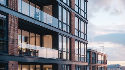 Obraz premium A mixed-use urban building with modern residential and commercial spaces, blending glass and brick facades 