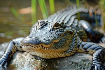 Fototapeta premium A Close Up Photograph Displays A Large Alligator In Nature