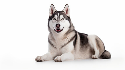 Fototapeta premium A well-groomed Husky lies down on a white surface and stares at the camera. The dog has beautiful fur and an attentive expression in a controlled studio environment