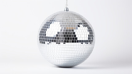 Fototapeta premium Silver mirrored disco ball hangs from a chain against a simple white background. The sphere reflects light from many small square mirrors. Waiting for a party to start