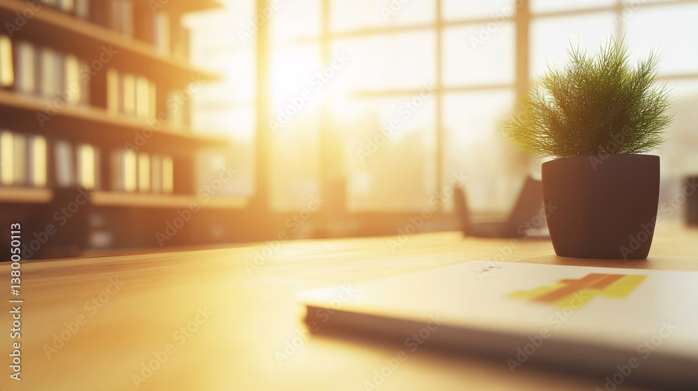 Fototapete bright sunlight fills a workspace featuring a computer with a chart, a small potted plant, and ample