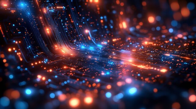 Glowing abstract network of interconnected orange and blue lines, points, and shapes