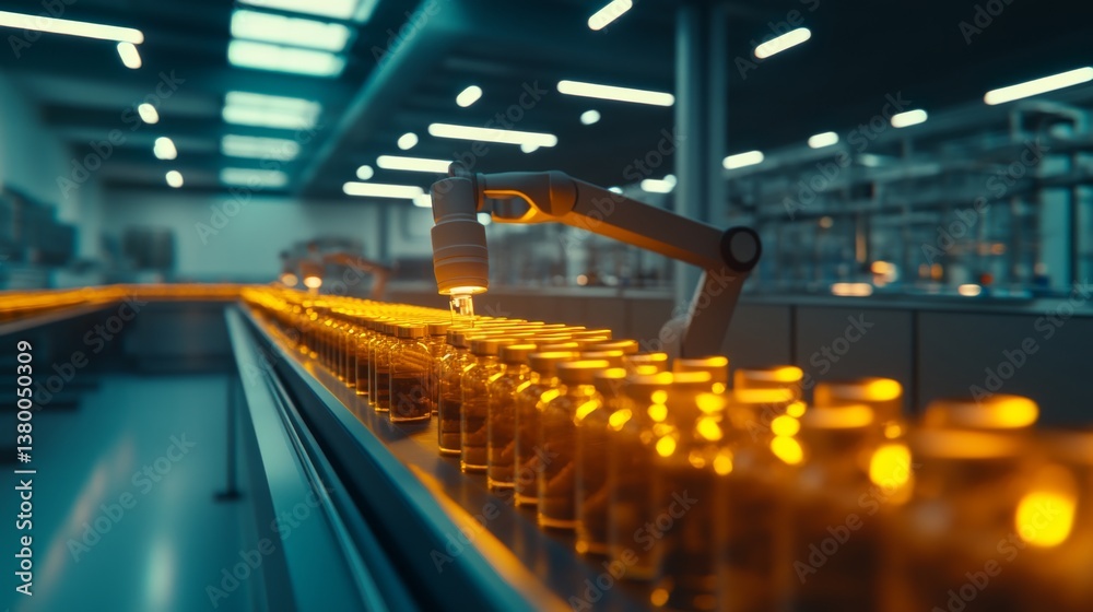 Poster a robotic arm is filling supplement bottles on a production line, illuminated by bright fluorescent 