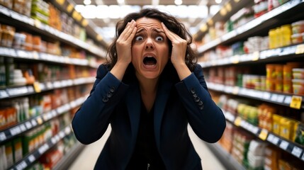 A woman in a supermarket aisle expresses intense frustration, holding her head in her hands amidst illuminated shelves filled with various products