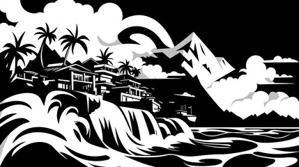 Fototapeta premium Tropical Paradise Resort Waves Crashing on Volcanic Coast.