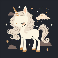 Flat vector illustration in a simple children's style. Cute unicorn on dark background with stars and clouds, print for printing on children's products . Vector illustration © Alena