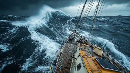 Sailboat navigating stormy ocean waves