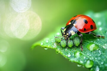 Ladybug eating aphids on fresh green leaf with water drops, natural pest control concept in macro photography. Copy space
