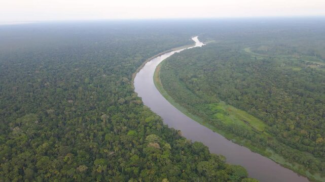 View of Mara&ntilde;on River winding through the lush Pacaya Samiria Reserve, Peru