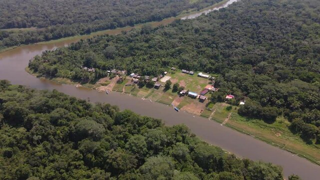 View of Buenos Aires community in Pacaya Samiria National Reserve, Loreto, Peru. River and lush green forest