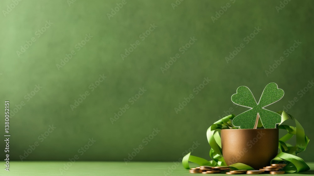 Poster a vibrant arrangement features a large shamrock cutout and a golden pot filled with faux coins, all 
