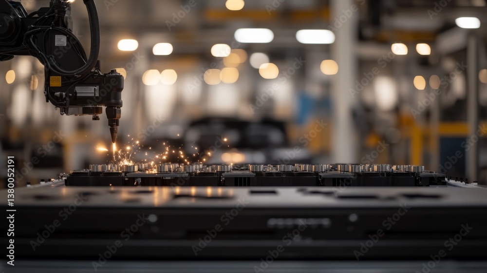 Poster Robotic arm actively assembles a car's suspension system, emitting sparks in a modern factory with high-tech machinery and ample workspace