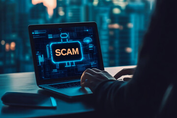 A businessman using a laptop computer with a digital virtual screen icon of a chatbot robot and the text SCAM to make money online, an internet security concept on a dark background