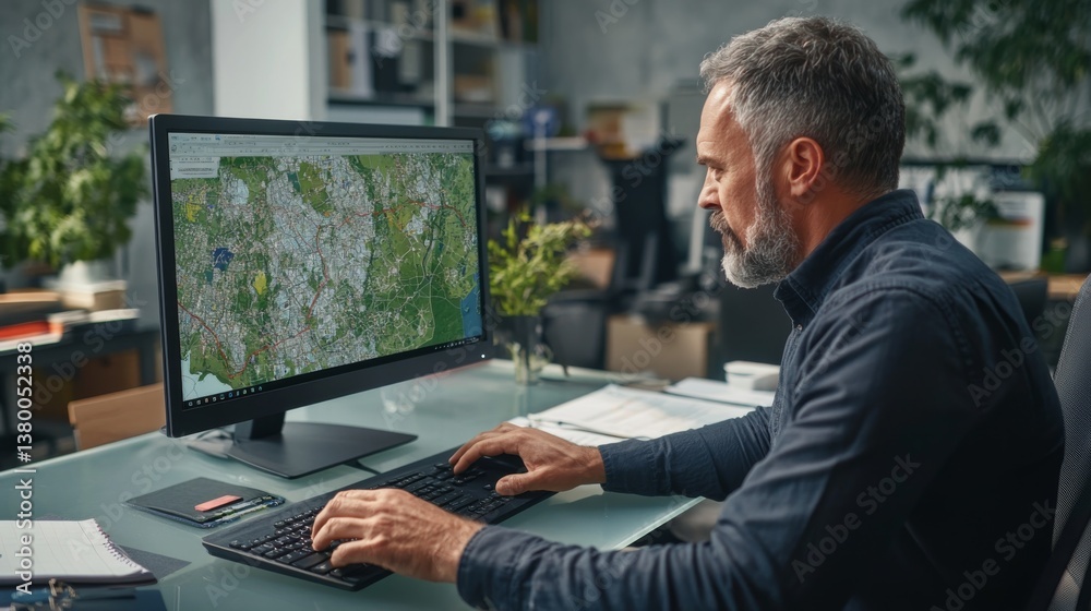 Aufkleber A businessman is deeply focused on analyzing map data displayed on his computer in a modern office. Surrounding him are spreadsheets and graphs for analysis