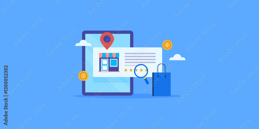 Poster local business review and map location display on tablet screen, seo optimization for small business