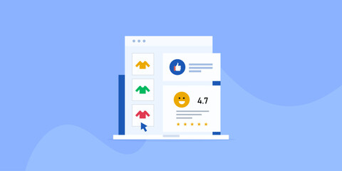 Ecommerce product quality, online shopping experience and customer review rating display on laptop screen, e-business brand concept.
