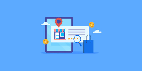 Local business review and map location display on tablet screen, SEO optimization for small business.