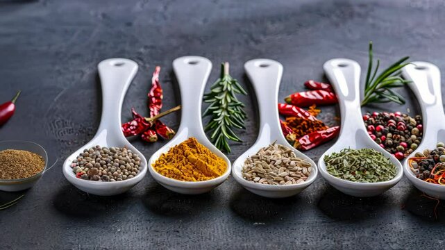 Experience a display of colorful spices and herbs arranged in white spoons, perfect for elevating culinary dishes and enhancing flavors