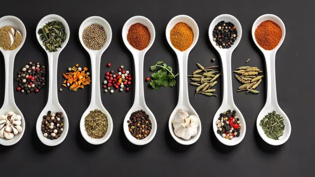 Variety of spices displayed in white spoons showcases rich colors and textures, perfect for enhancing culinary creations and flavors