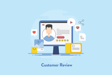 Customer shares online shopping experience in testimonial, business rating and review with customer profile display on pc screen.