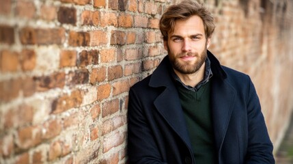 Obraz premium A man in a casual outfit leans against a weathered brick wall, gazing thoughtfully to the side, exuding confidence and style in a relaxed urban setting