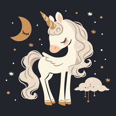 Flat vector illustration in a simple children's style. Cute unicorn on dark background with stars and clouds, print for printing on children's products . Vector illustration © Alena