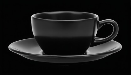 Fototapeta premium Black coffee cup and saucer with empty cup, handle on right, saucer on left, on black background.