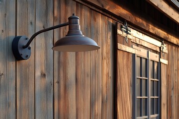 Gooseneck Light Fixture on Wooden Barn Wall. Exterior Electric Lamp in Warehouse