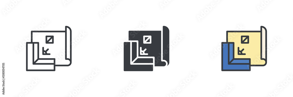 Poster blueprint or architectural plan different style icon set