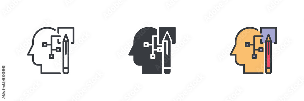 Poster human profile, with a pencil and a flowchart different style icon set