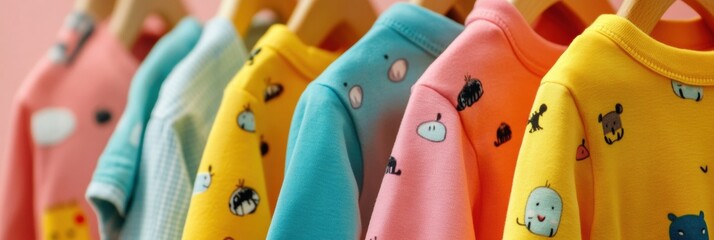 Colorful childrens clothing displays vibrant animal patterns and fun characters on hangers against a cheerful background in a playful environment