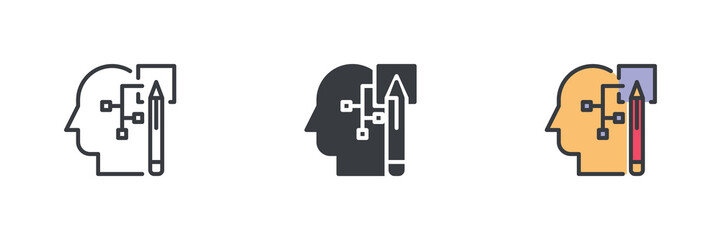 Human profile, with a pencil and a flowchart different style icon set