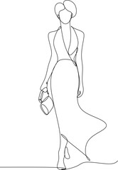 22.epsBeautiful woman in long flowing dress in continuous line art drawing style. Girl wearing luxury evening or bridal gown. Minimalist black linear sketch isolated on white background. 