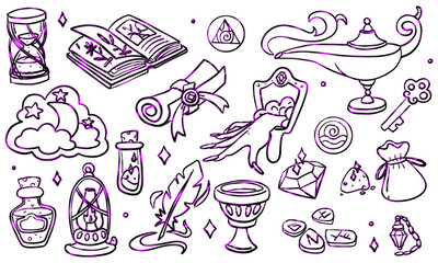 set of purple contoured doodle style magic items. Witch. Monochrome. Suitable for fantasy projects, books, games, and artwork related to magic, alchemy, and mystical rituals. Purple gradient