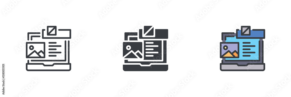 Poster Laptop computer with a layered layout design different style icon set