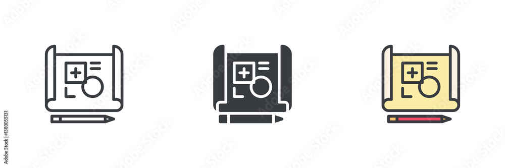 Aufkleber blueprint or architectural plan with geometric shapes and a pencil different style icon set