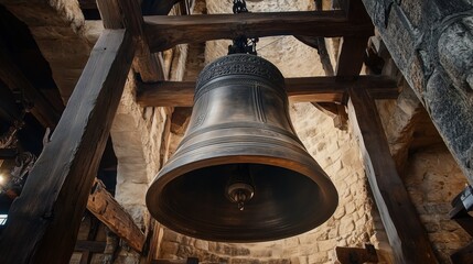Suspended from aged wooden beams, the metal bell gleams softly in the gentle light, echoing centuries of tradition within the stone tower.

