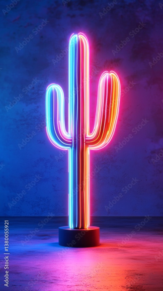 Poster illuminated against a deep blue backdrop, the neon cactus exudes a warm glow, blending art with ambi