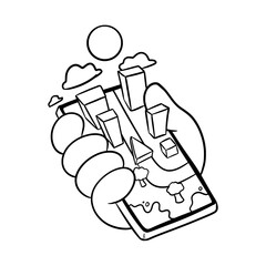Smart City in Hand – Urban Mobile Concept Line Art – Hand drawn minimal