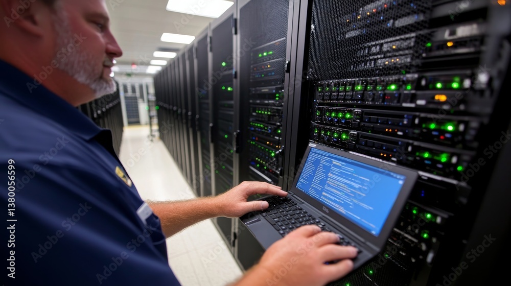 Poster technician works diligently on a laptop in a server room, typing swiftly as green and blue led light