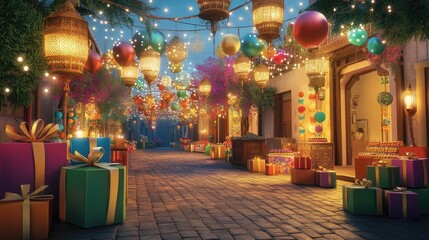 Naklejka premium A vibrant outdoor scene with colorful lanterns hanging across a street